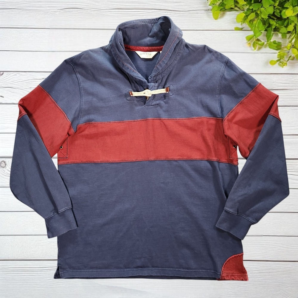 Orvis Light-heavyweight Sailing Rugby Shirt Large Blue Red Longsleeve Toggle